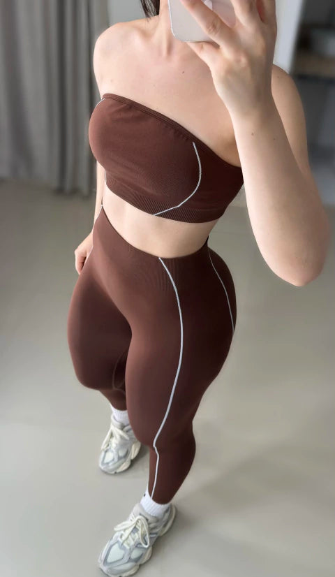 Conjunto de legging empina bumbum sem costura marrom top faixa