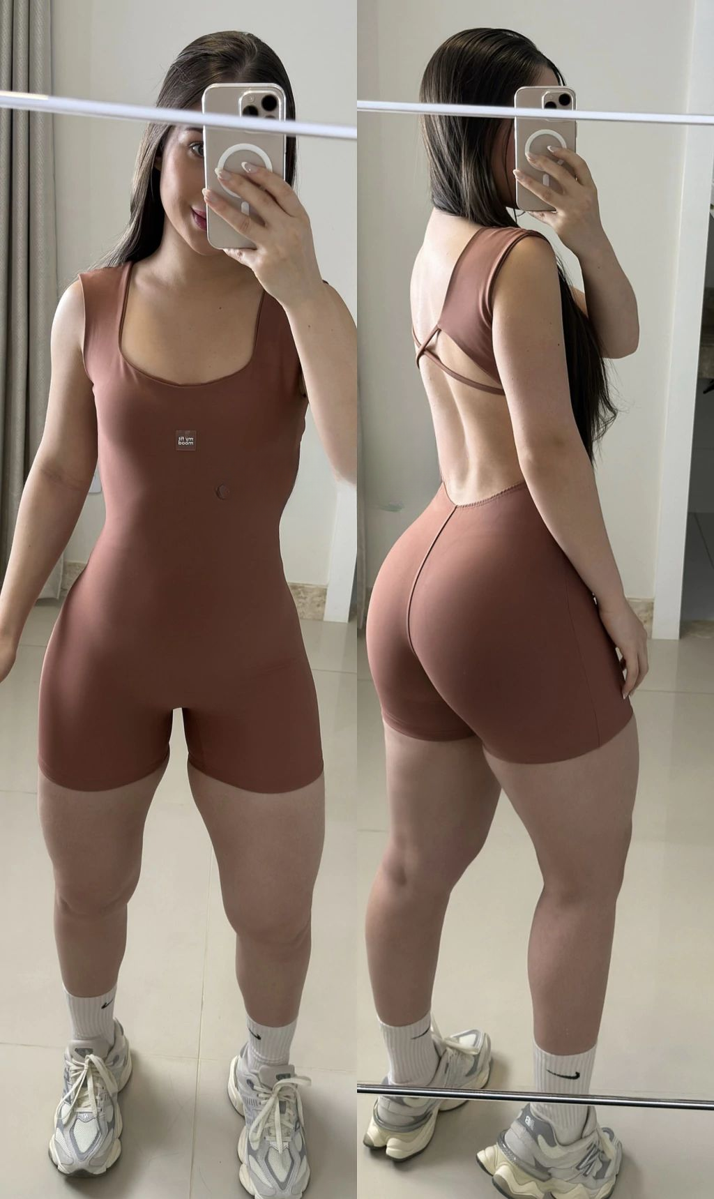 Macaquinho Action sem empina poliamida com compressão cappuccino