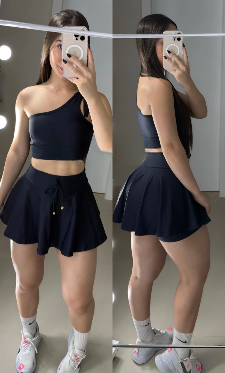 Conjunto de short saia poliamida premium preto ombro só regulável