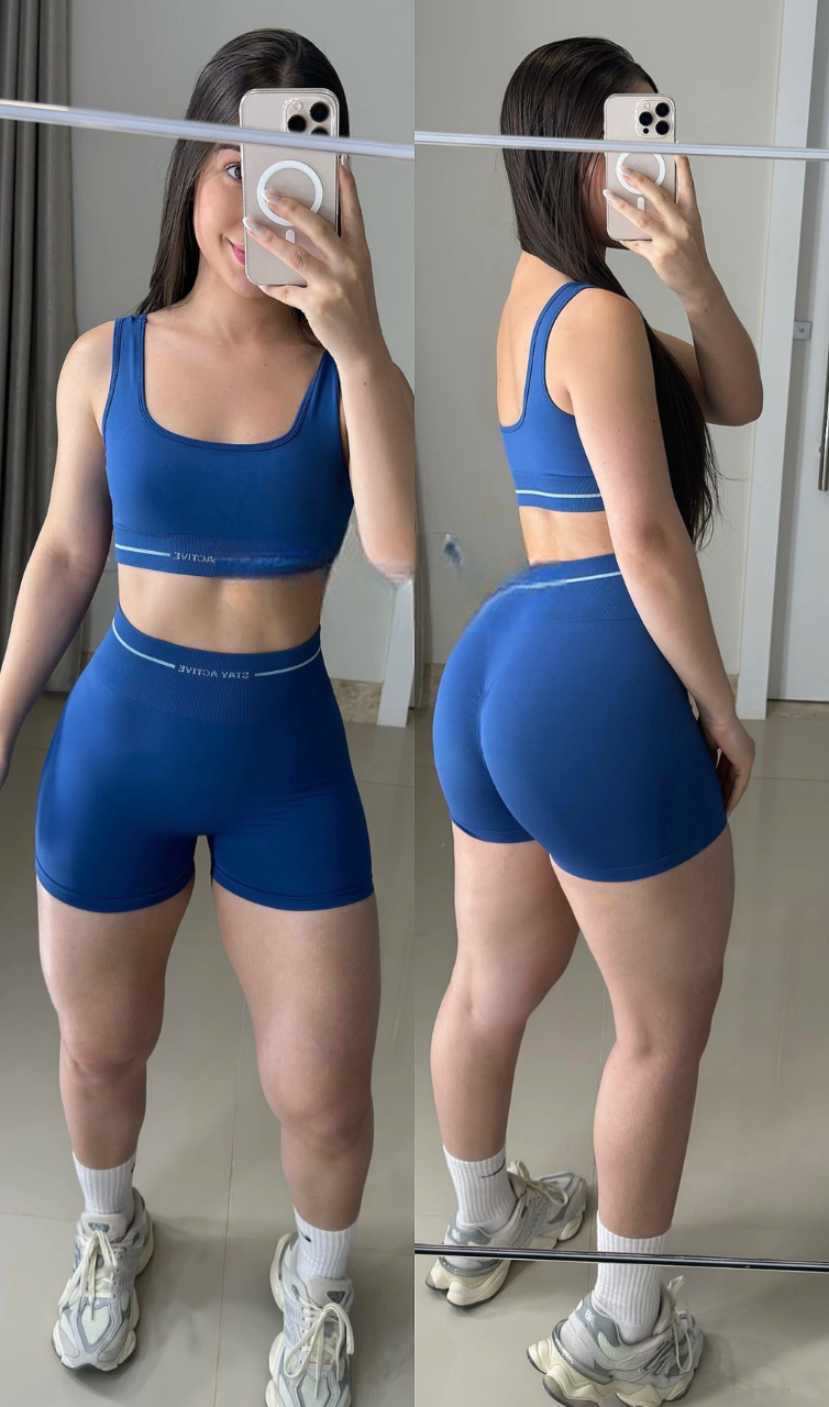 Conjunto de short empina bumbum sem coagida azul com detalhes