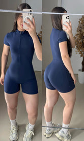 Macaquinho de manga com zíper poliamida azul marinho