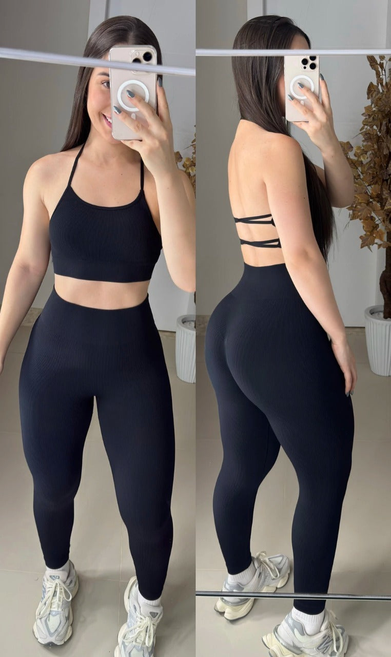 Conjunto de legging empina bumbum sem costura canelado power
