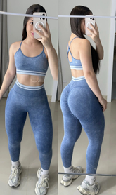 Conjunto de legging empina bumbum sem costura jeans fake