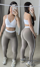 Conjunto de legging empina bumbum brocado mocha mousse com branco