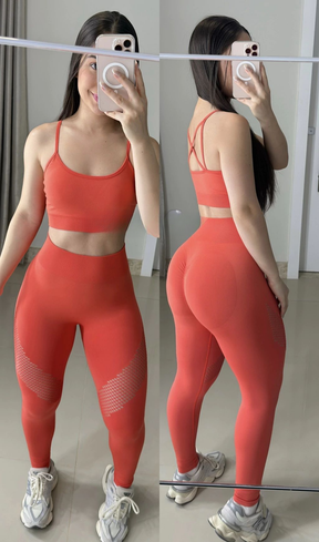 Conjunto de legging empina bumbum sem costura laranja com cortes a laser