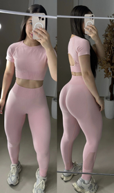 Conjunto de legging empina bumbum sem costura rosa bebê de manguinha