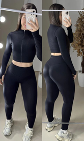 Conjunto de legging sem empina + jaqueta em zíper texturizado preto